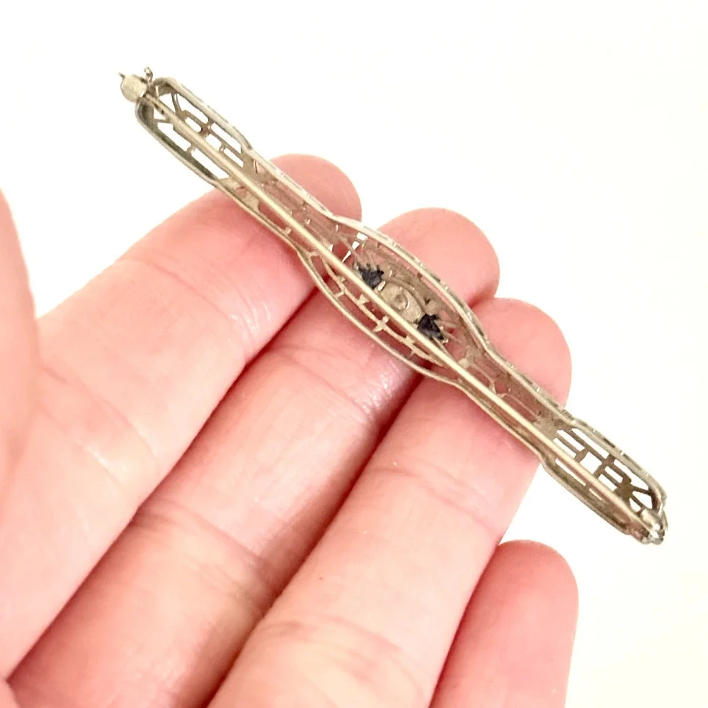 Antique 14K Solid White Gold Sapphire & Diamond Intricate Detail Bar Brooch Pin